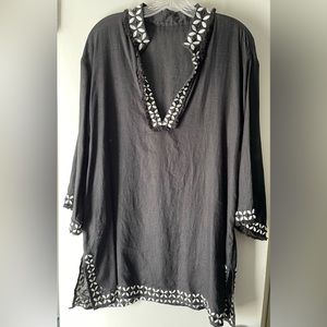 BLACK LINEN TUNIC SIZE 12/14 W/ BEADED DETAIL EBELLISHMENTs & 3/4 LENGTH SLEEVES